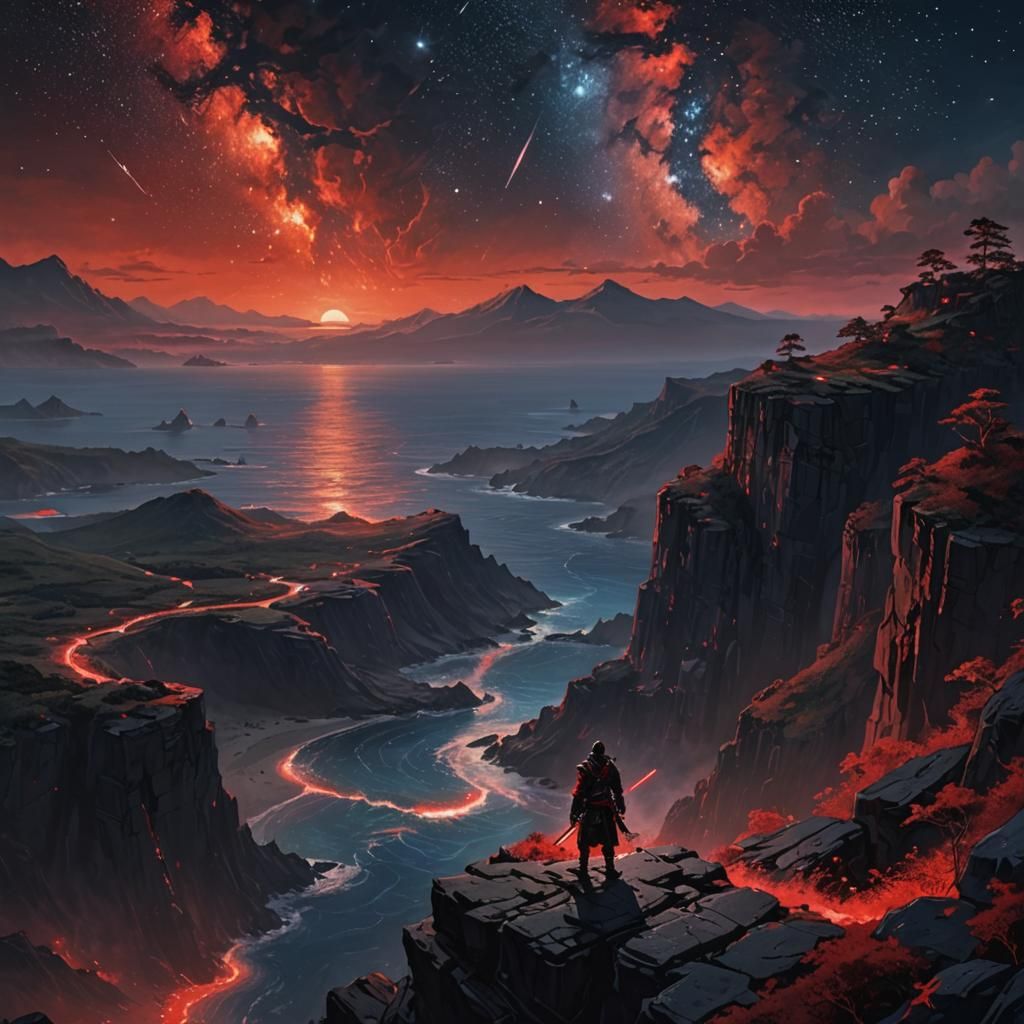 Ronin Gazing at Red Galaxy in Dark Fantasy Art