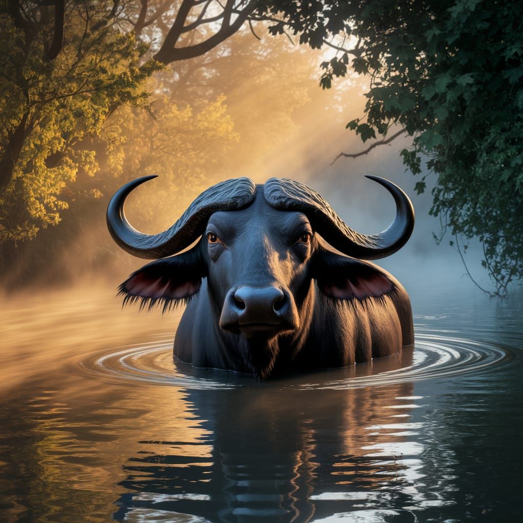 Majestic Water Buffalo in Sun-Drenched Lagoon