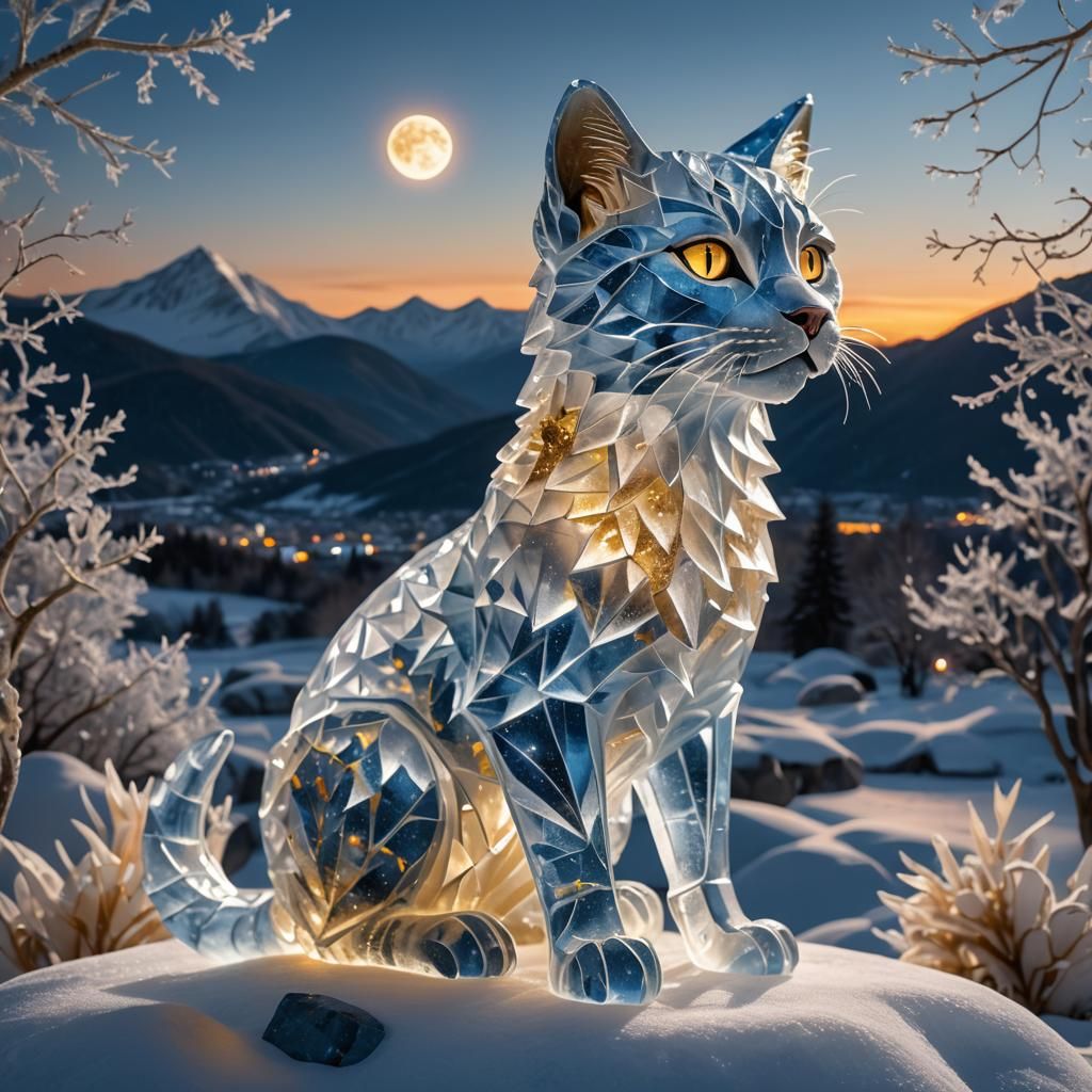 Icy Cat Sculpture in Winter Landscape, Digital Art