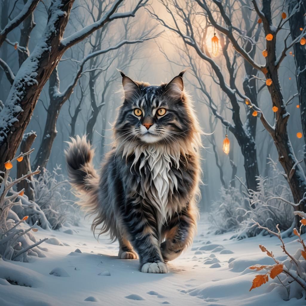 Norwegian Forest Cat in Whimsical Winter Forest