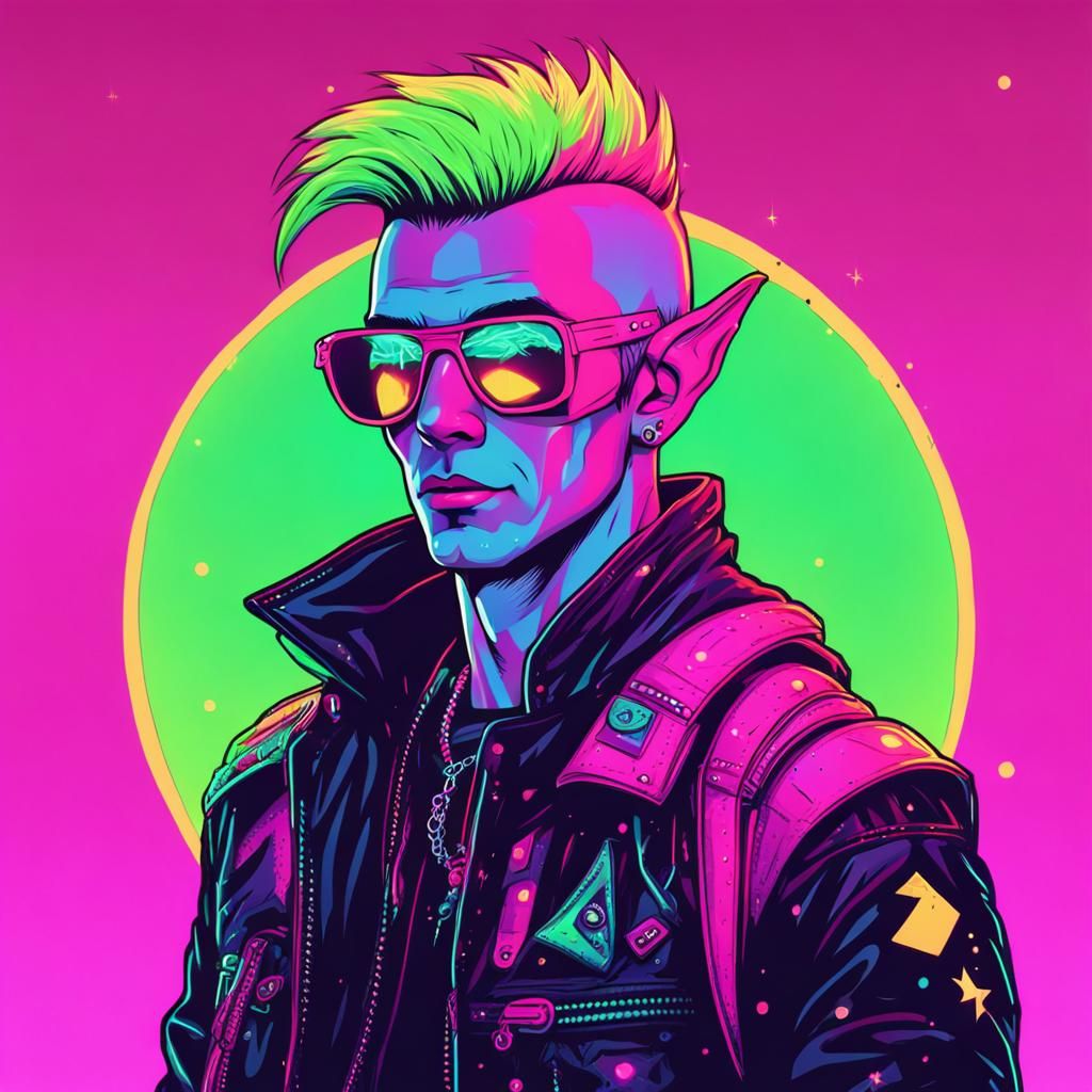 Male Punk Elf in Synthwave Neon Retro Style