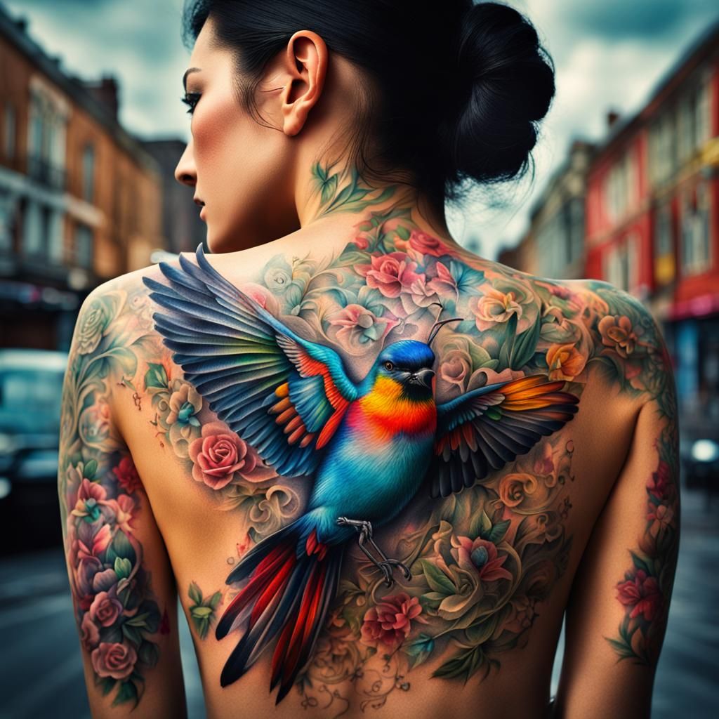 Woman with Bird Tattoos: Hyperrealistic 64 Megapixel Photo