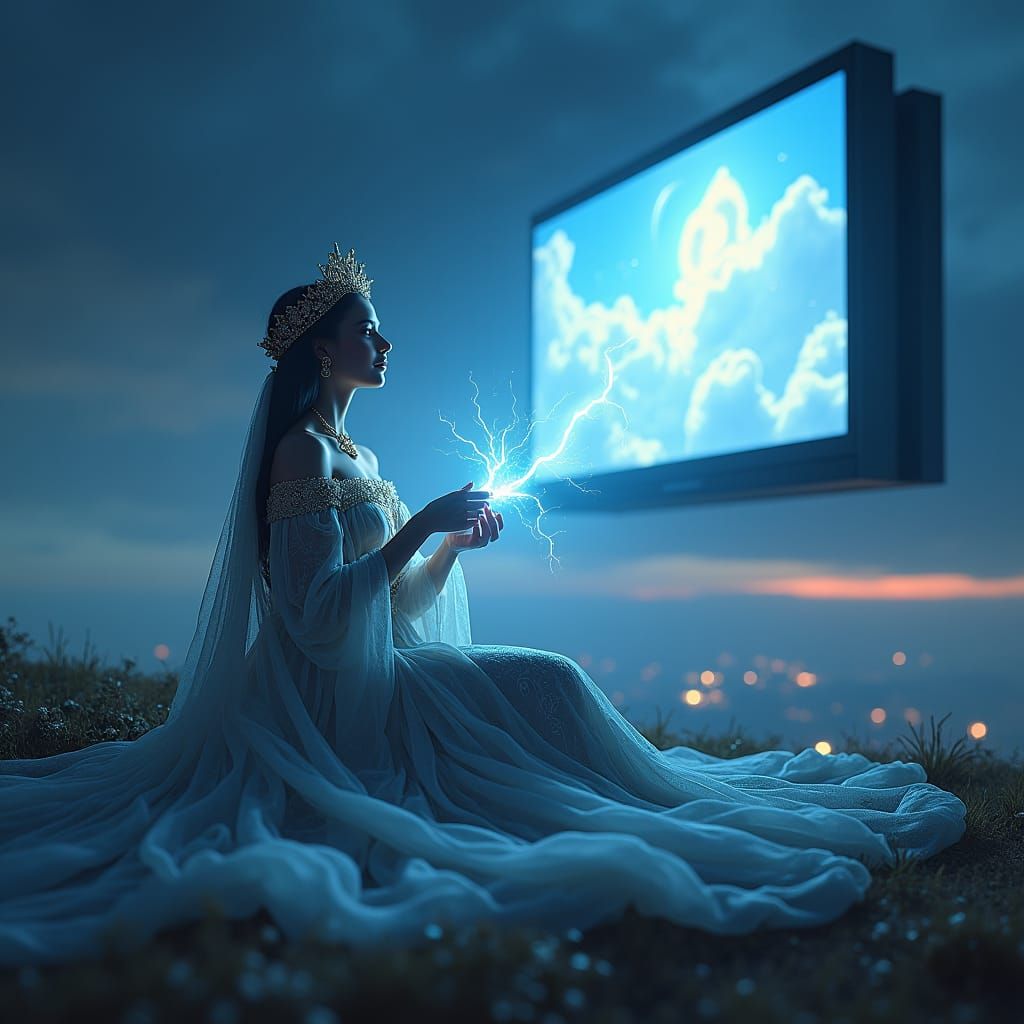 Goddess Watches Romantic Movie in Dreamlike Landscape