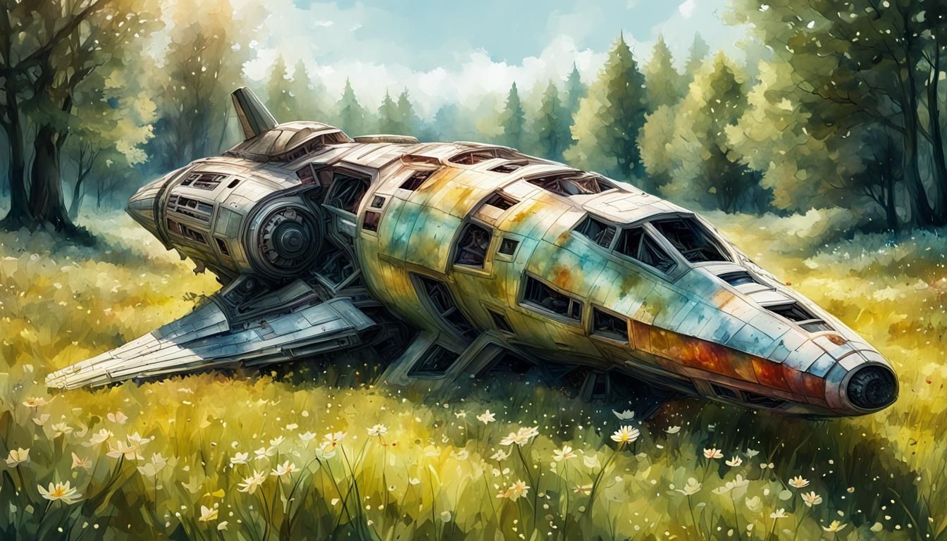 Crashed Starship in Spring Meadow: Watercolour Illustration