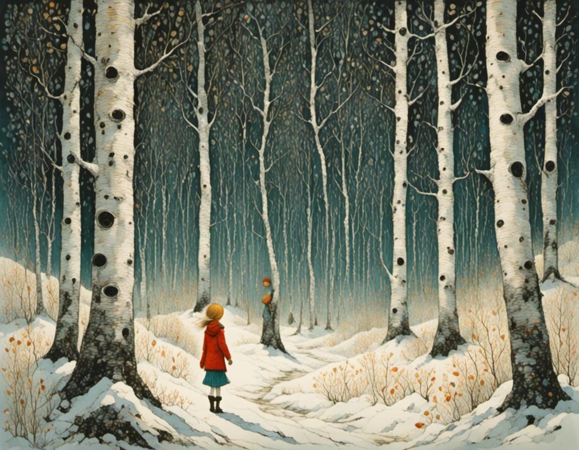 Girl in Birch Forest, Painterly Style