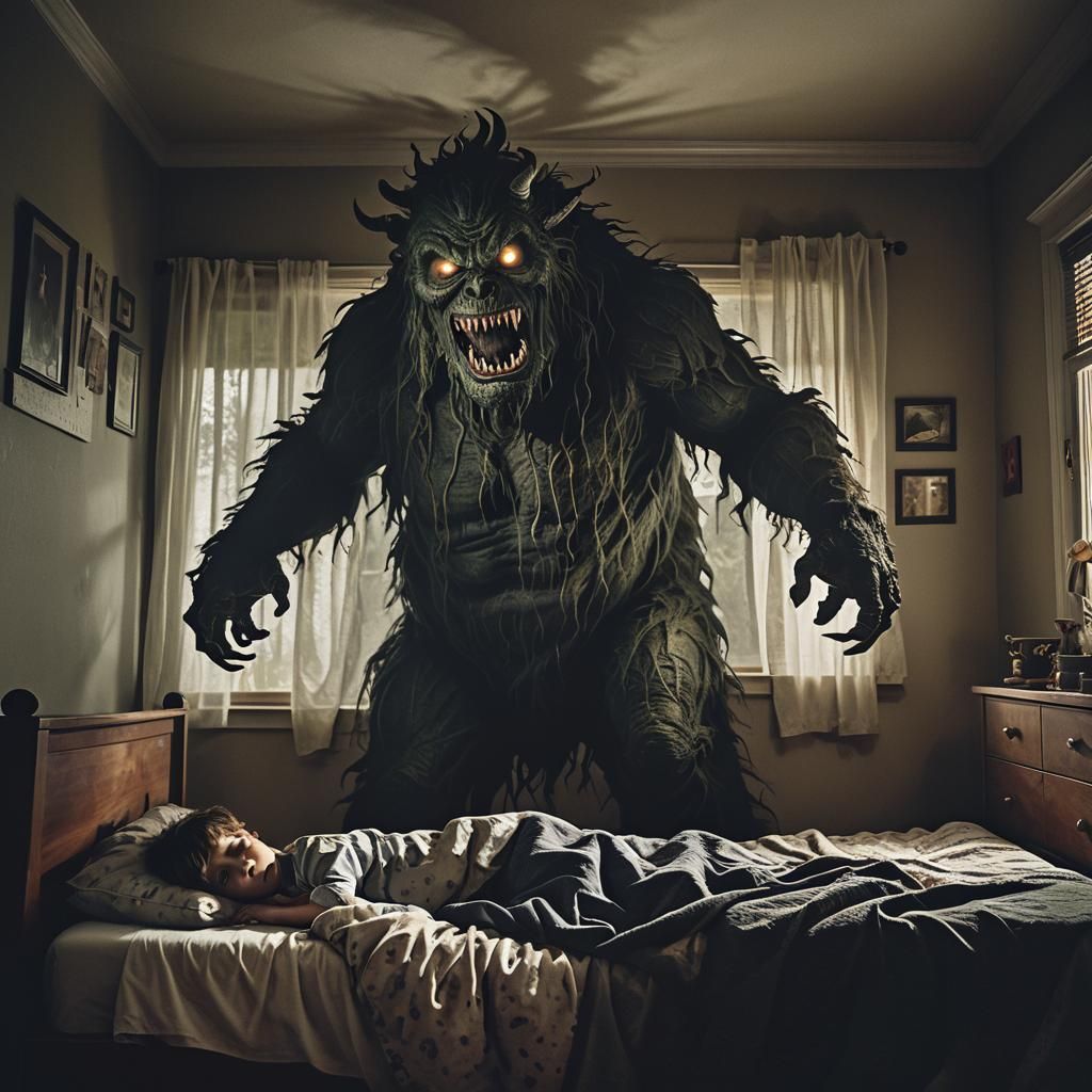 Eerie Bedtime Monster Reaching for Sleeping Child