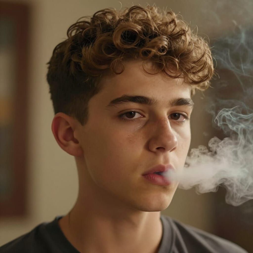Photorealistic Portrait of a Teen Boy Exhaling Smoke