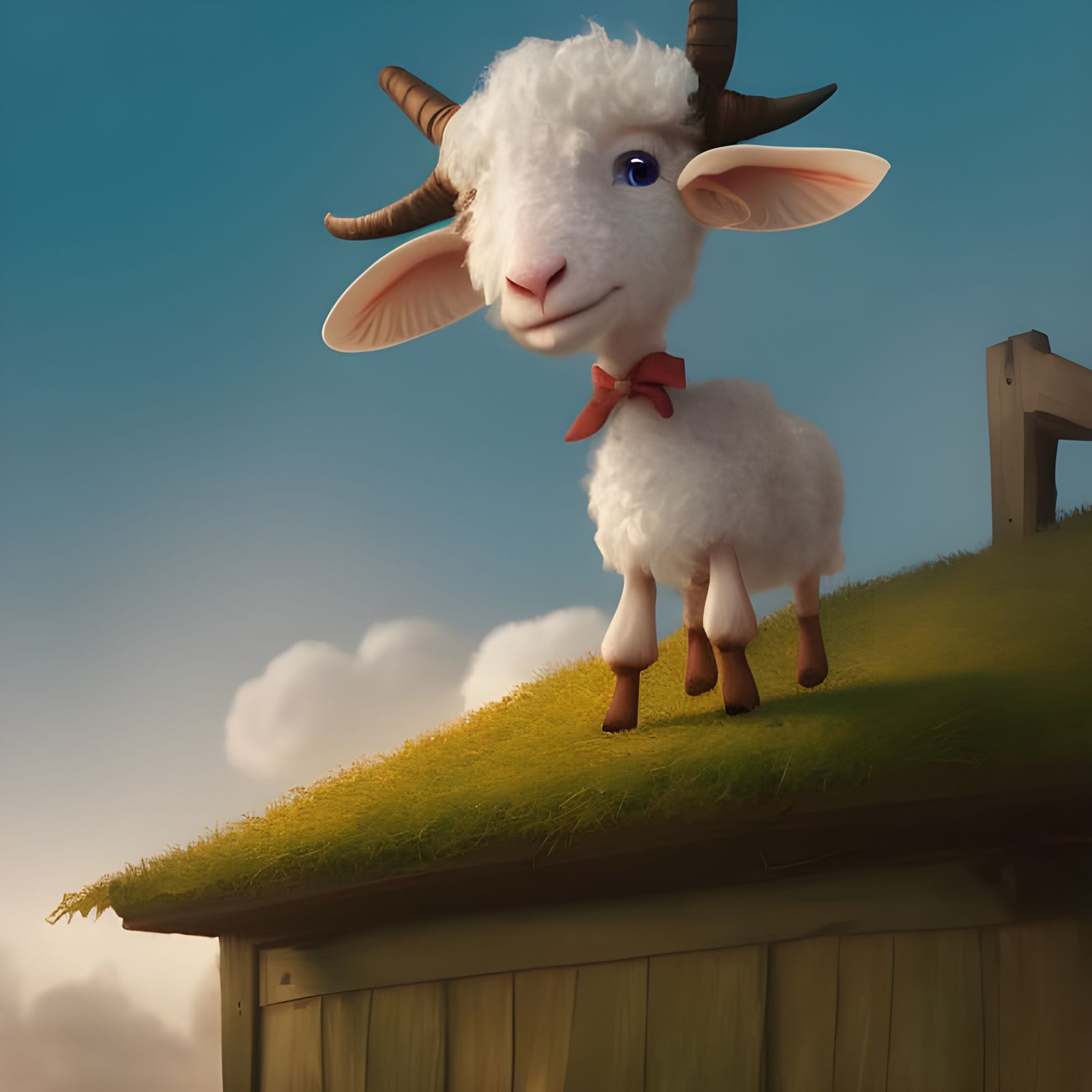 Fluffy Goat on Cottage Roof: Pixar-Style 3D Art