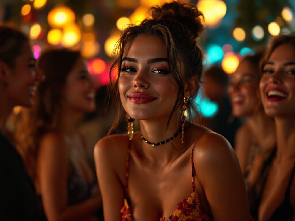 Stylish Woman Smirks in Chic Cocktail Bar