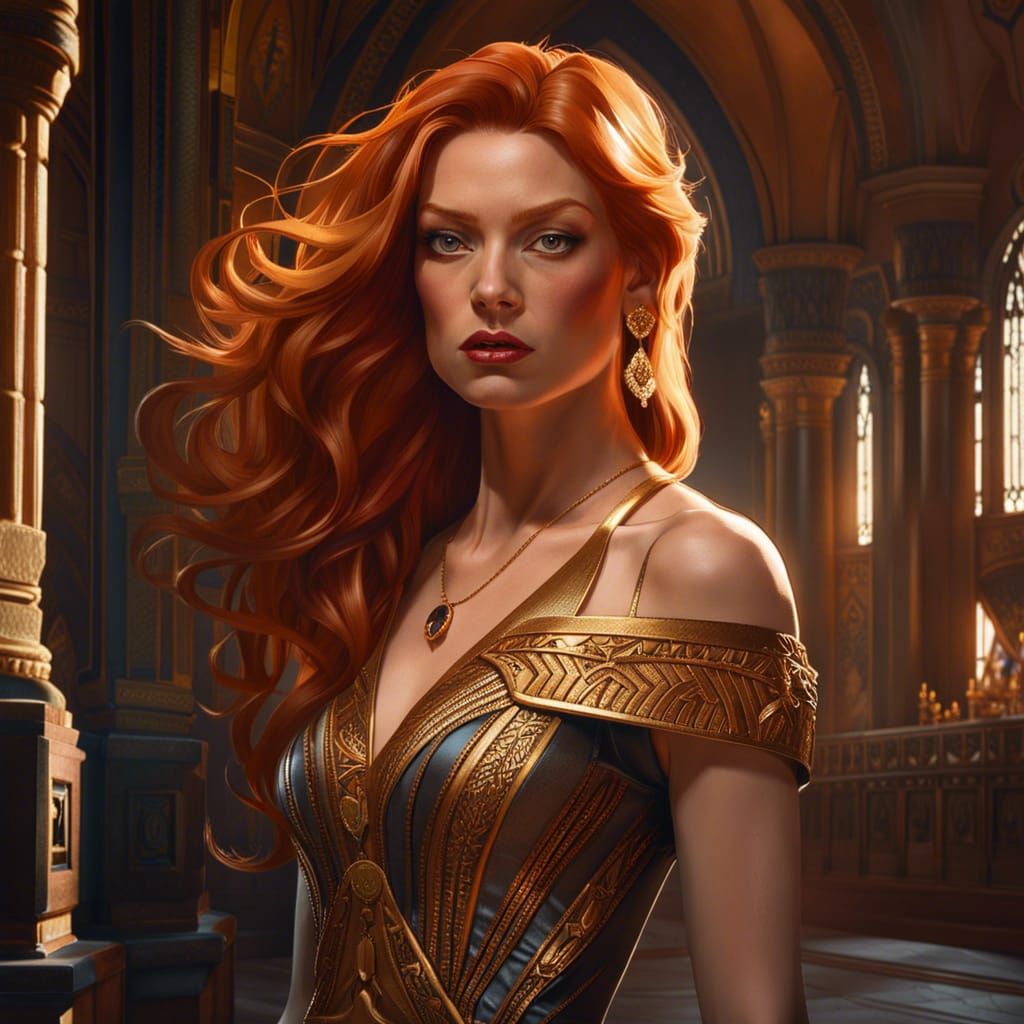 Ferocious Ginger Woman in Castle Interior