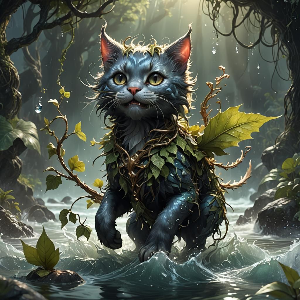 Fairy Cat Rides Carnivorous Unicorn in Dark Fantasy Art