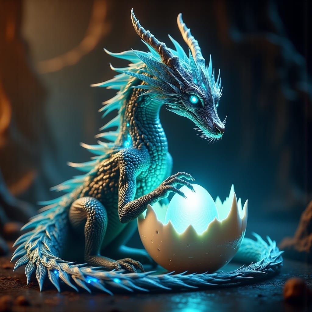 Bioluminescent Dragon Protecting its Glowing Egg