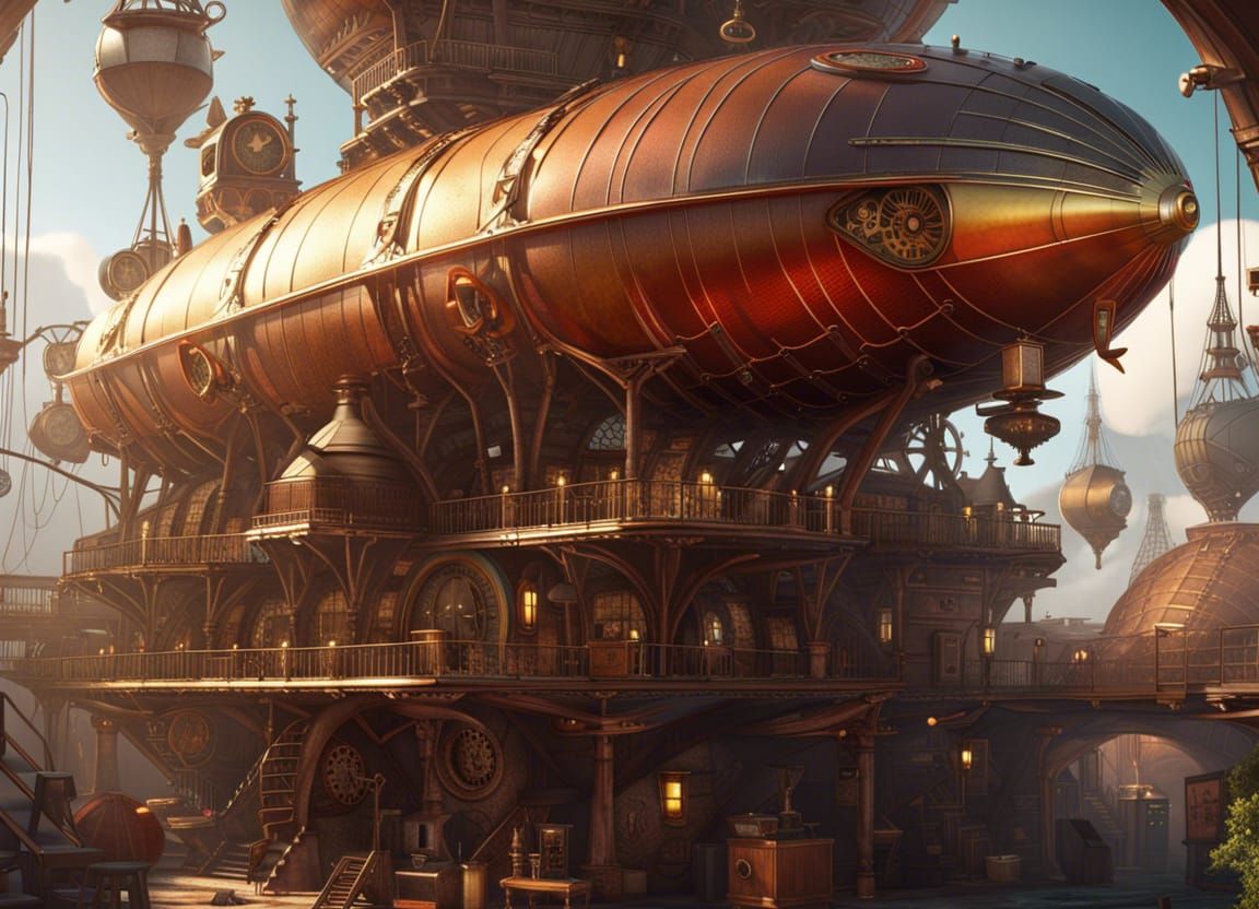 Vibrant Steampunk Airship Station Illustration