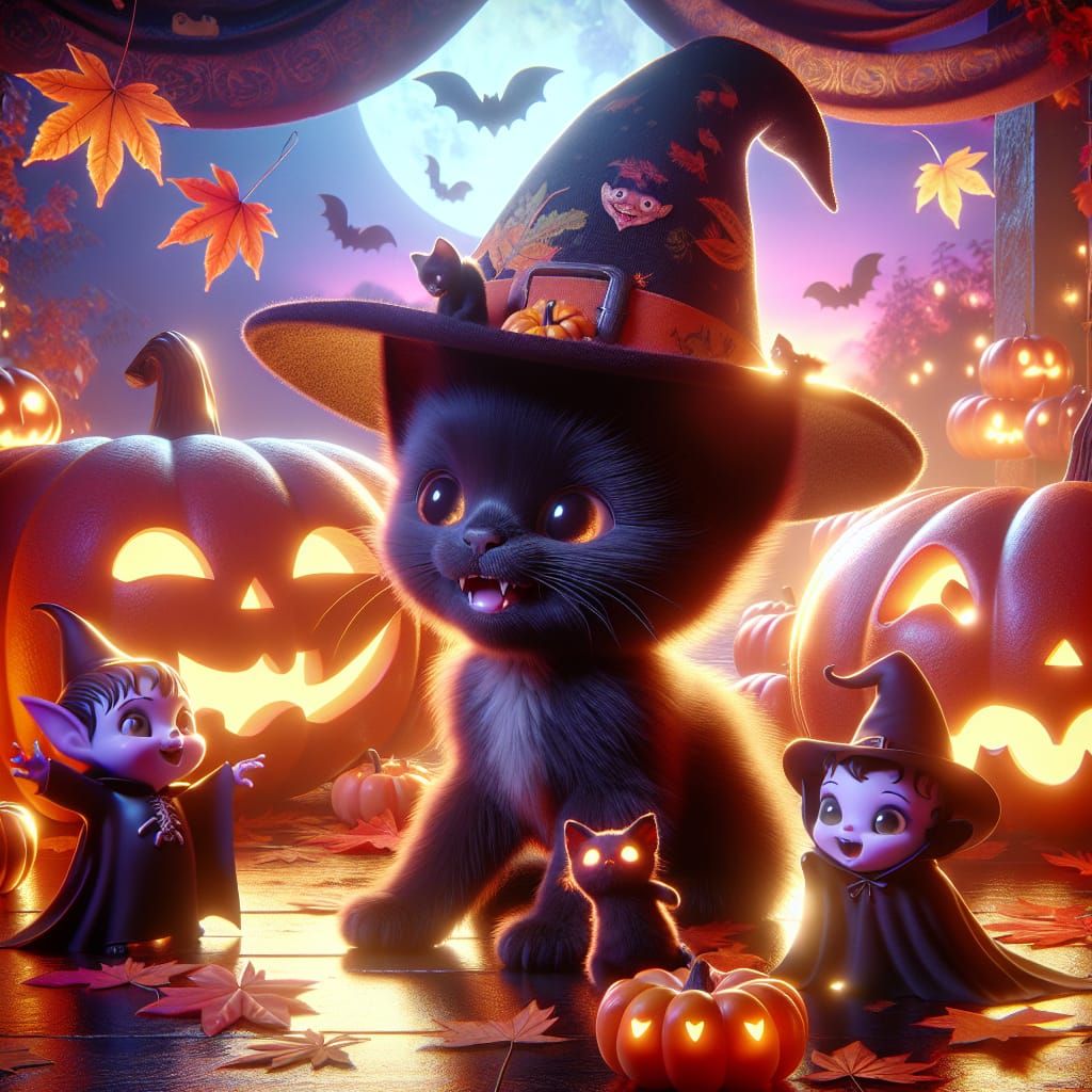 Halloween Kitten Celebration in 3D Animation Style