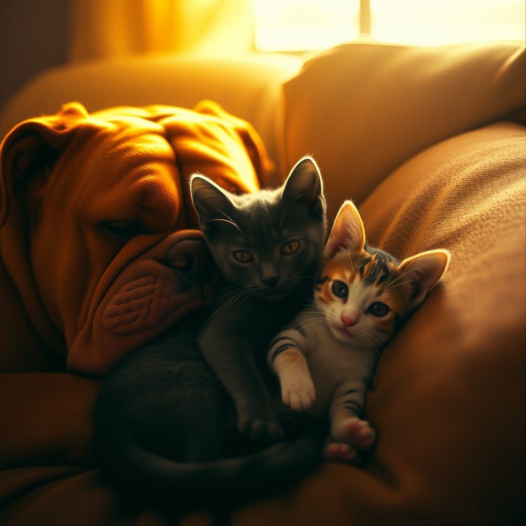 Bulldog, Cat, and Kitten Snuggle in Golden Light
