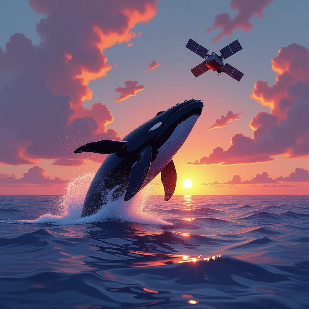 Whale Breaching Ocean Under Sunset Satellite