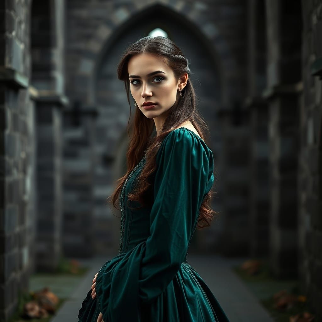 Medieval Woman in Emerald Dress, Monochrome Photography