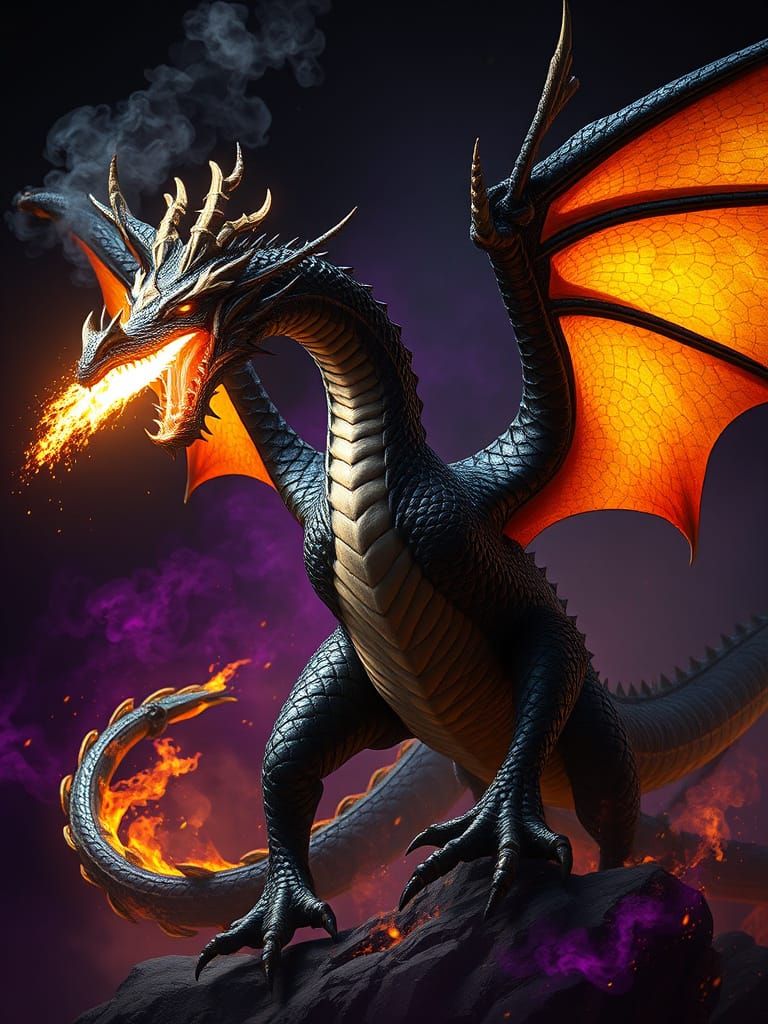 Dragon in Fiery Splendor, Cyberpunk Digital Art