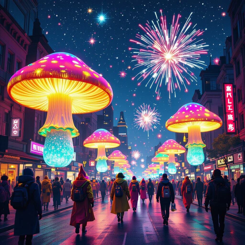 Futuristic City Celebration with Bioluminescent Mushroom Lan...