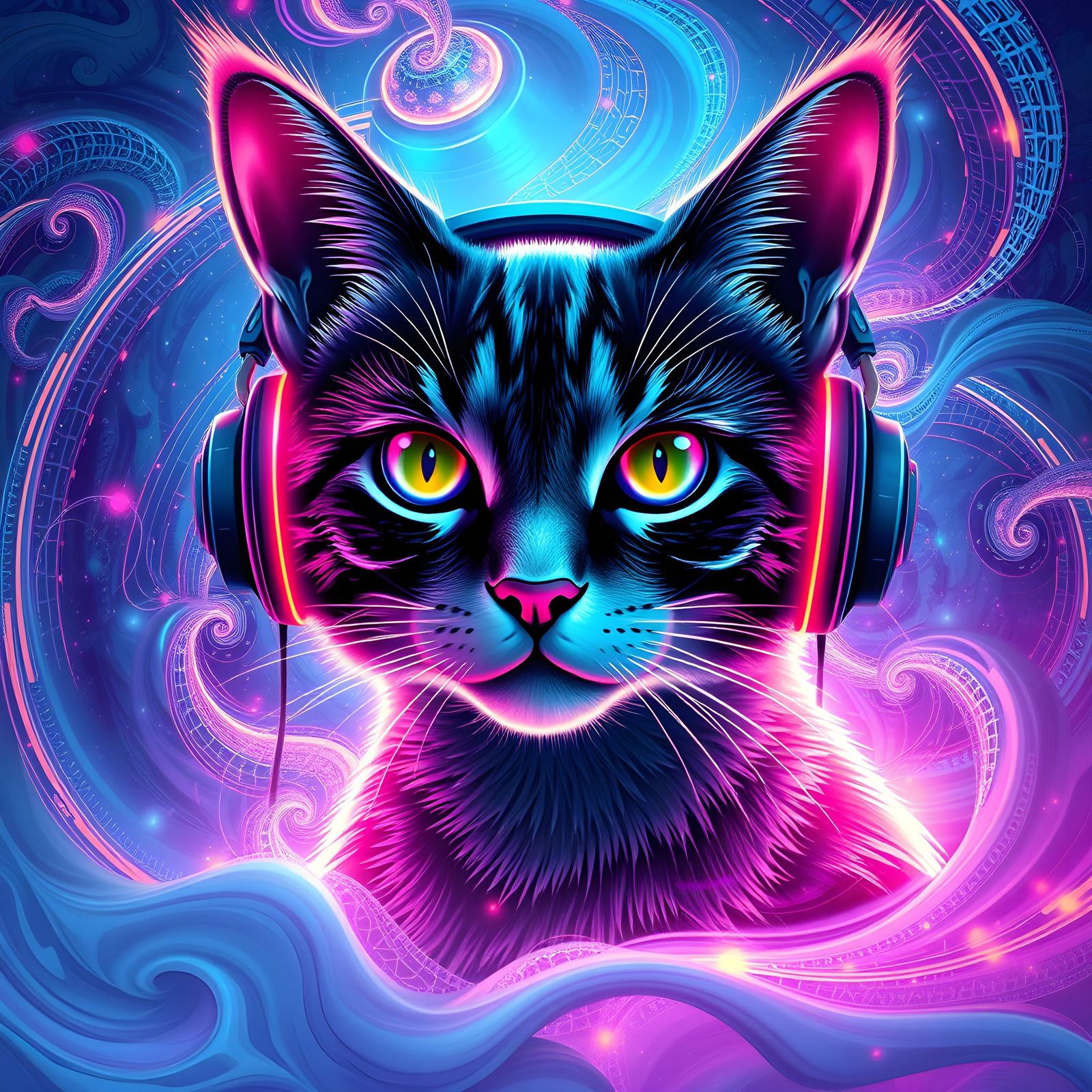 Neon Cat with Headphones in Abstract Style