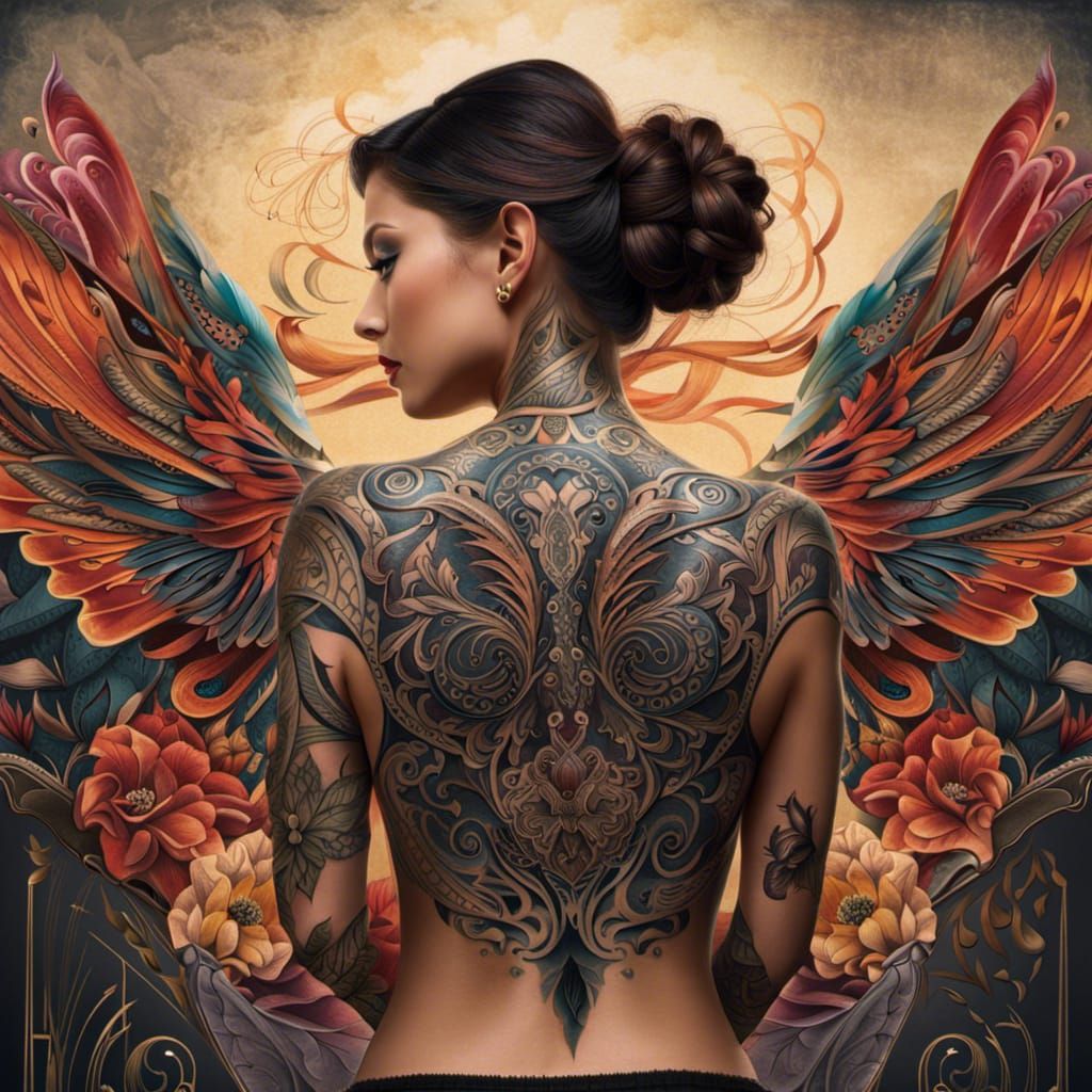 Tattooed Woman's Back: A Mesmerizing Flowing Art Design