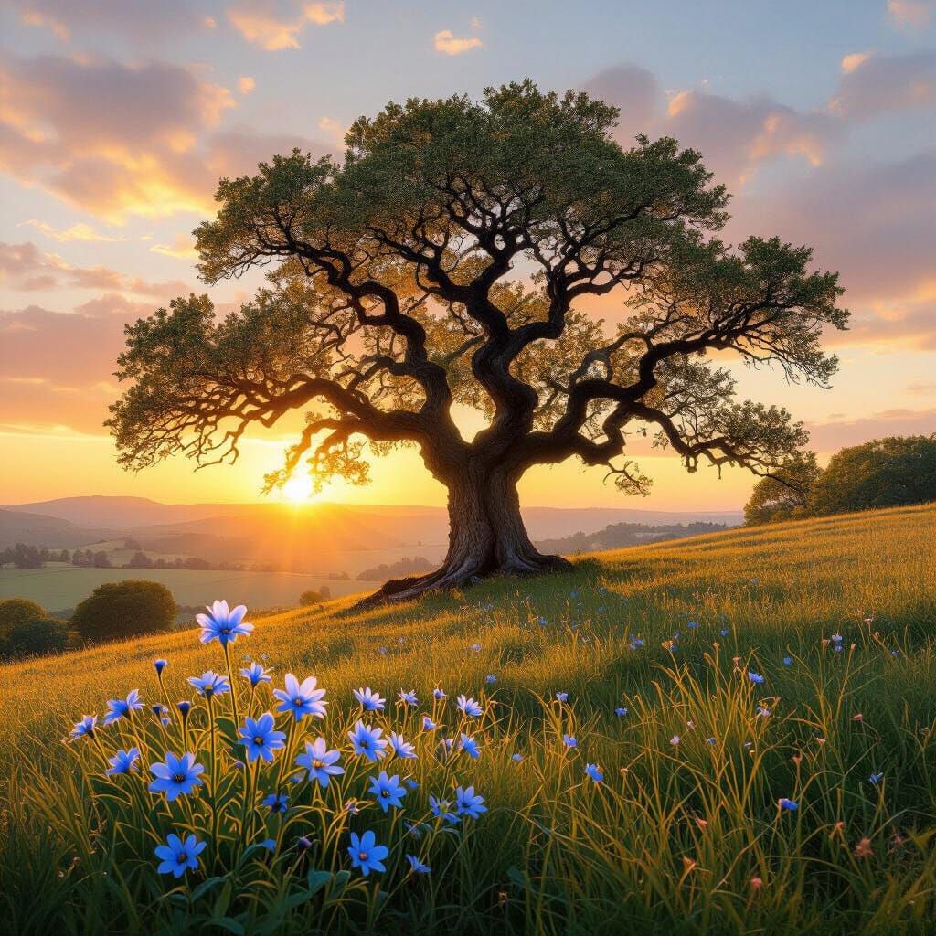 Ancient Oak & Blue Dayflower at Sunrise, Golden Hillside