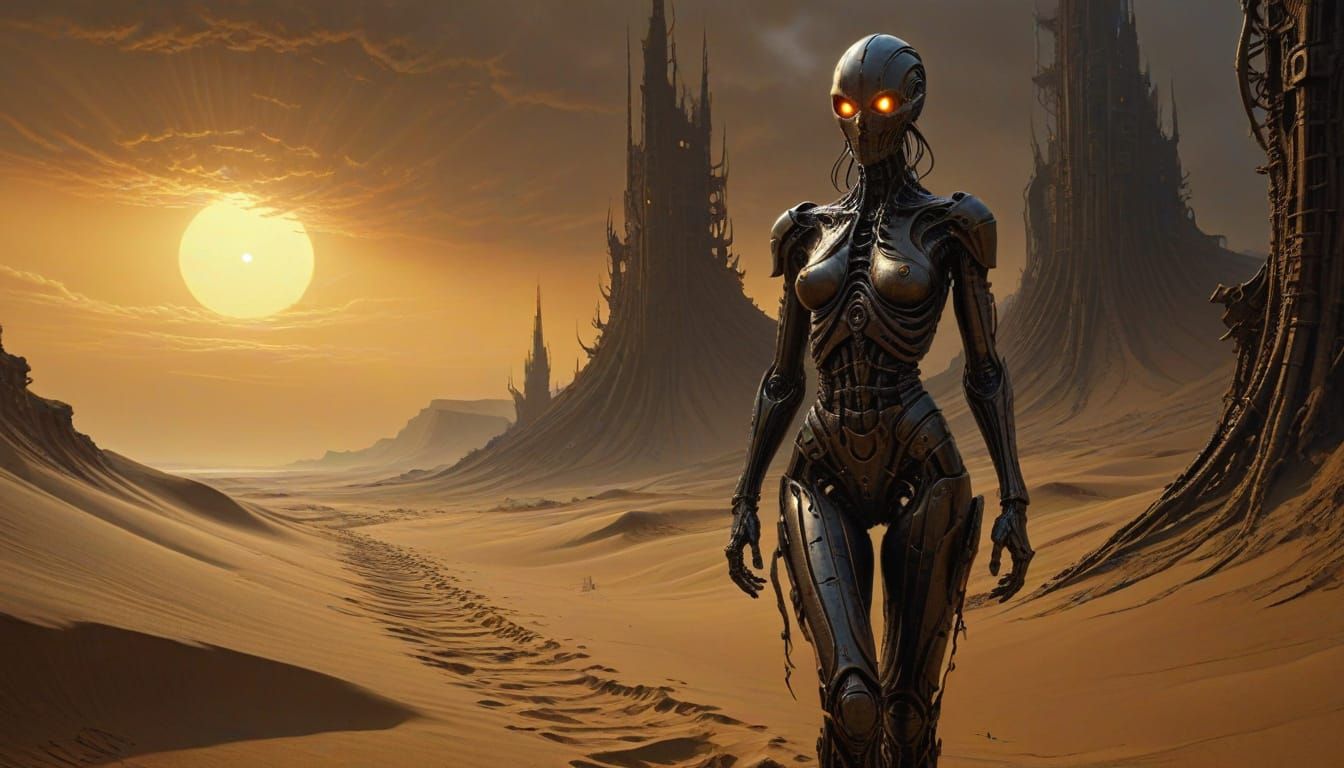 Surreal Biomechanical Goddess in Crimson Desert Landscape