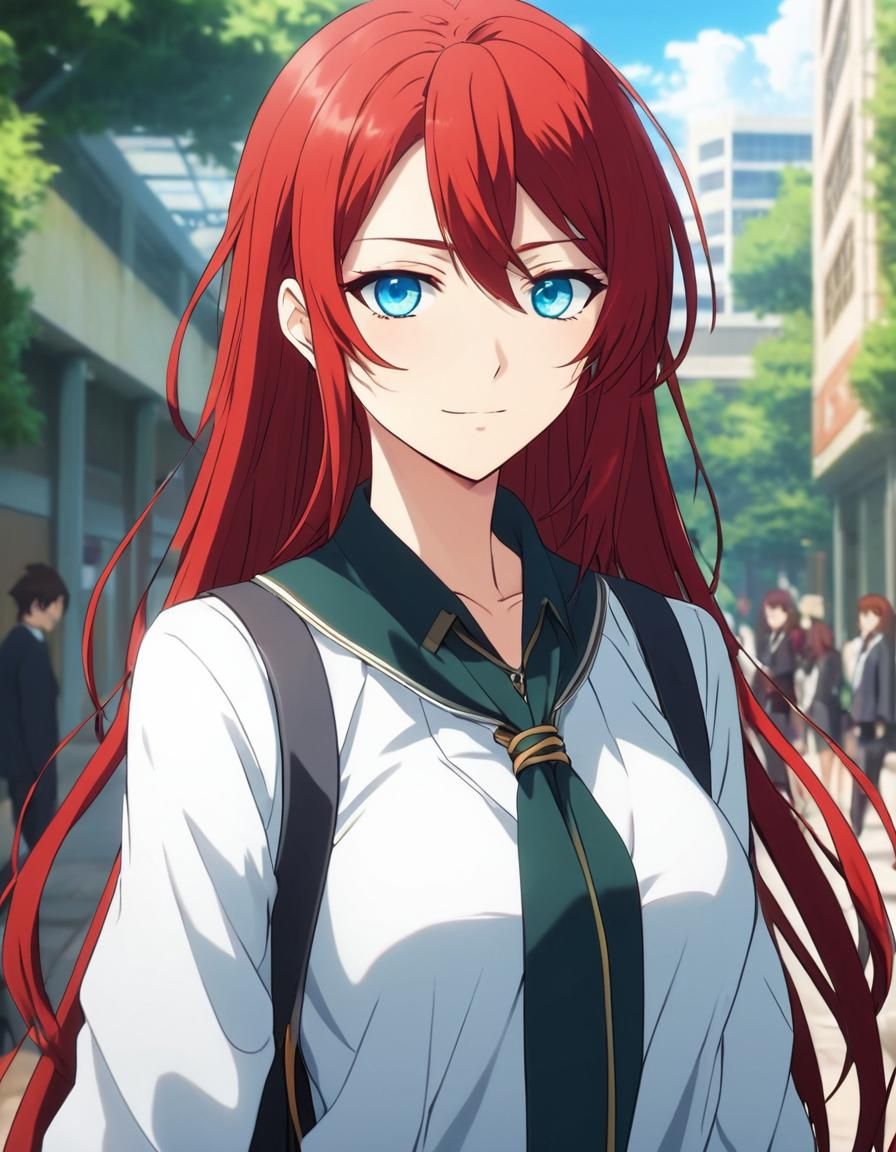 Anime Schoolgirl with Red Hair and Blue Eyes