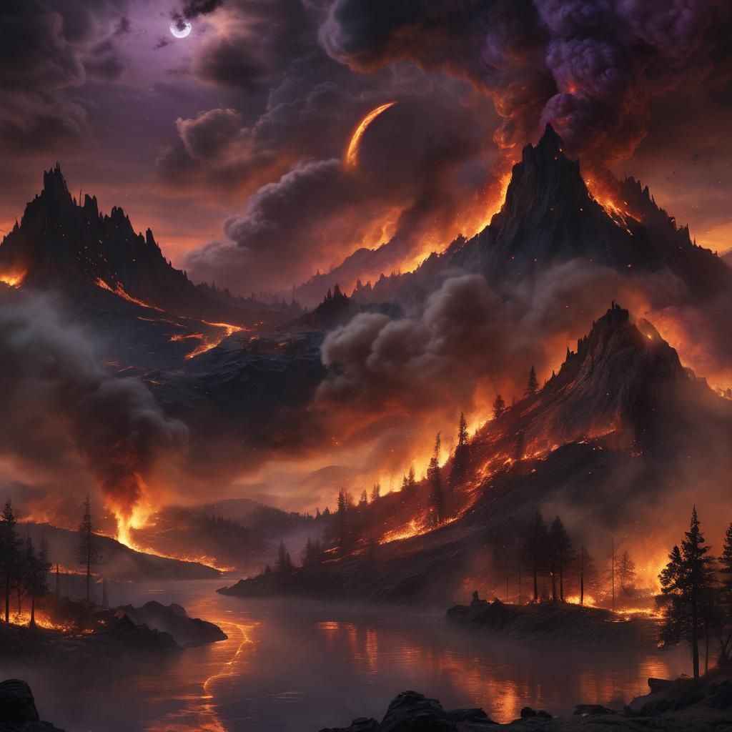 Wildfire Under Black Moon: Surreal Matte Painting