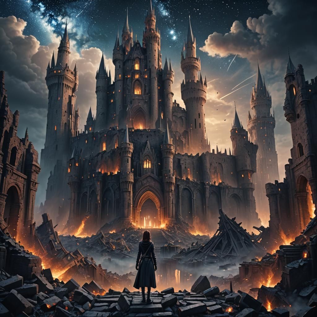 Woman Gazing at Ruined City Castle Under Stars