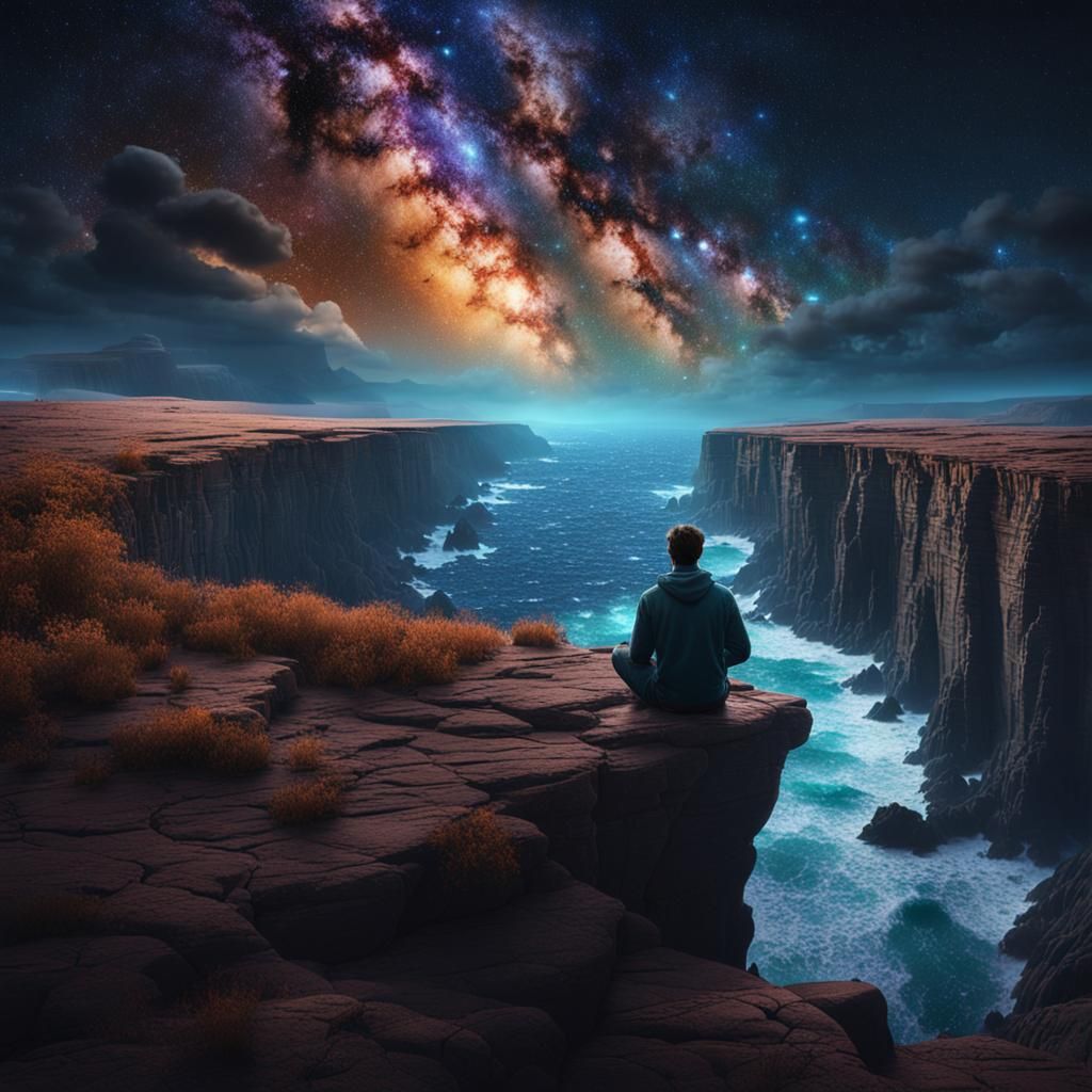 Man Gazing at Milky Way Fantasy Concept Art