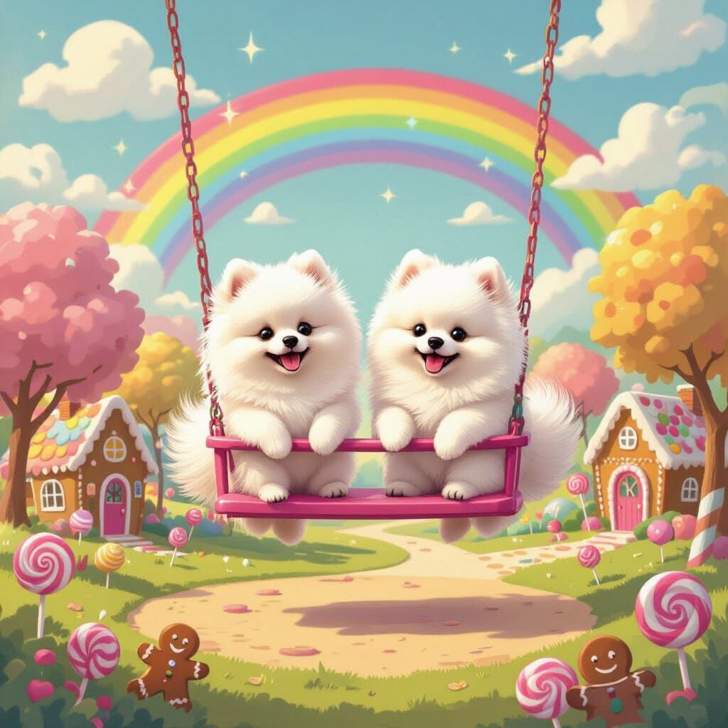 Pomeranians Swinging in Candy Land Playground with Rainbow