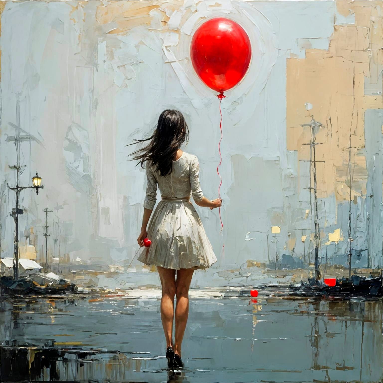 Mysterious Girl with Red Balloon in a Soft Impasto Painting