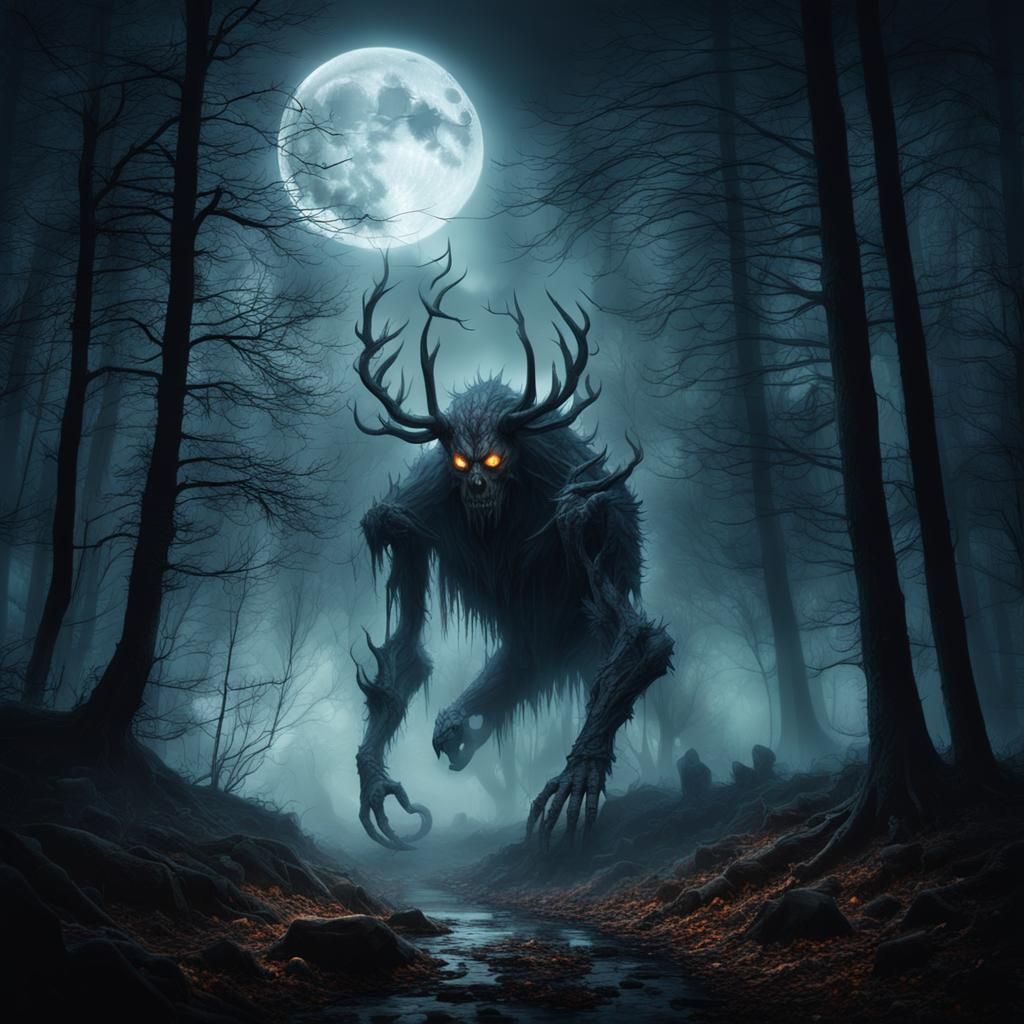 Mysterious Creature in Foggy Forest at Night