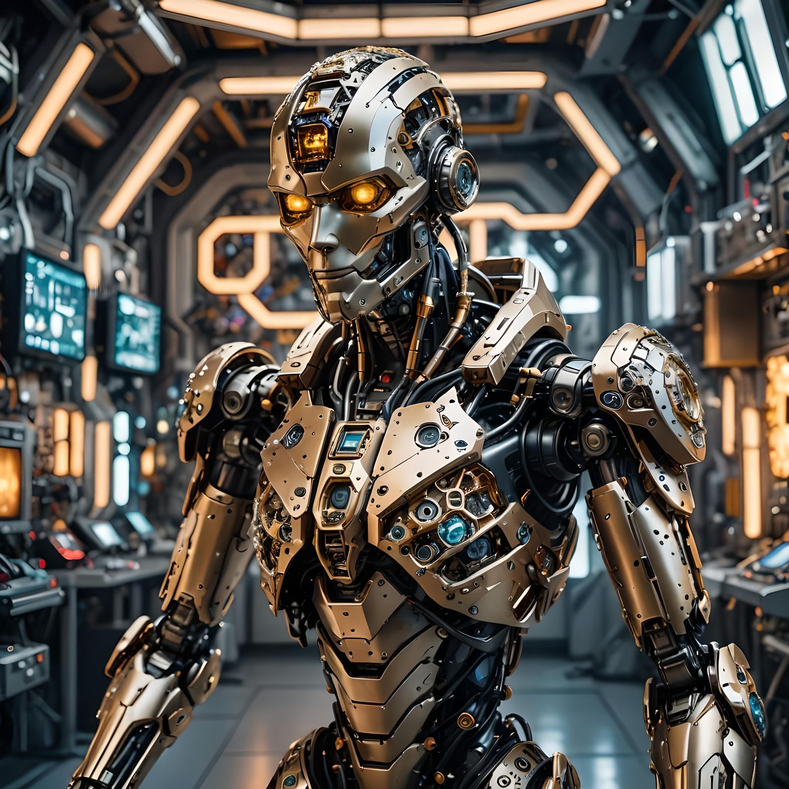 Futuristic Hexagonal Android in Cyber-Laboratory