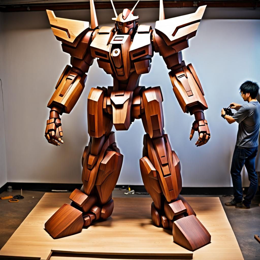 An anime mecha turned into a wooden statue