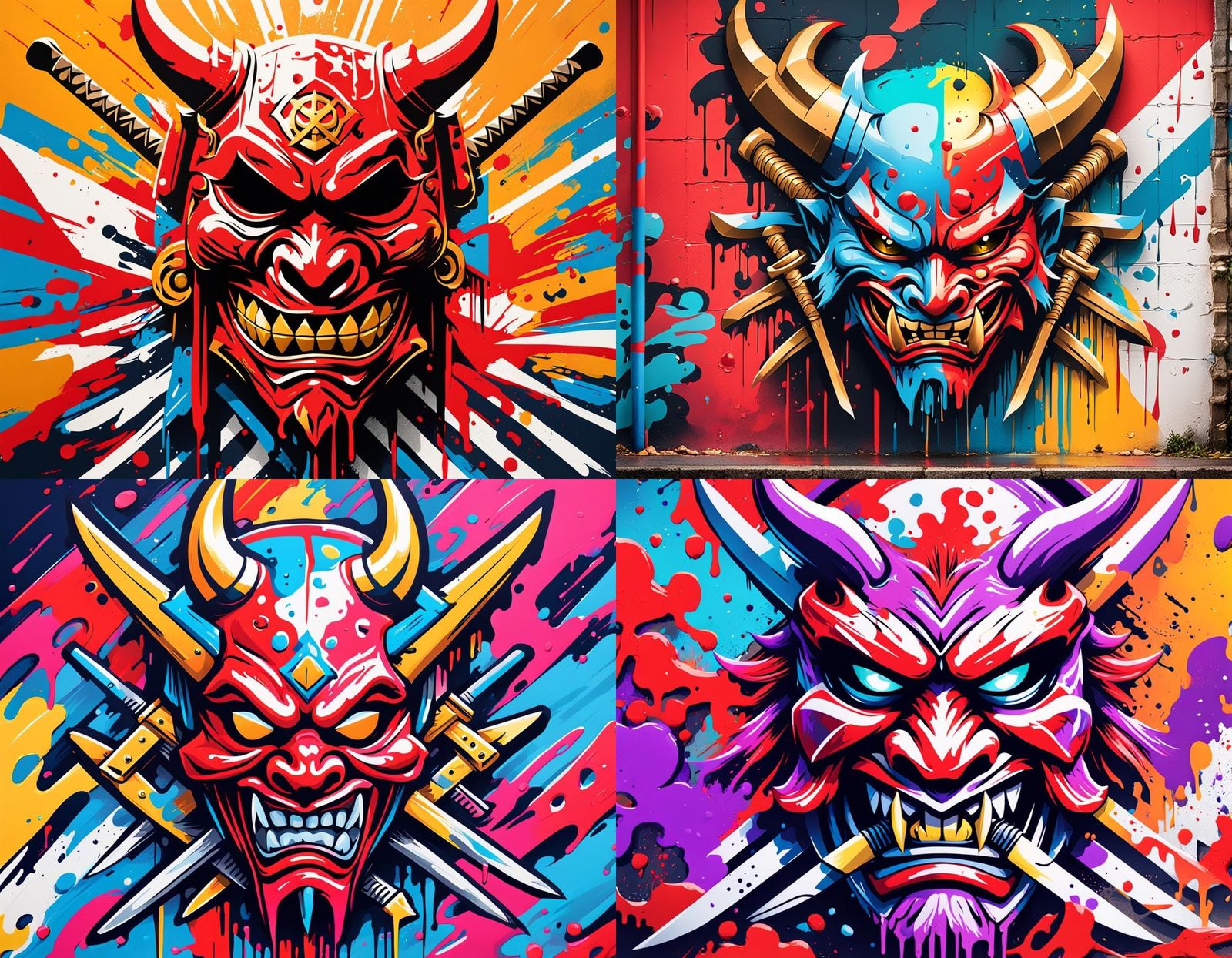 Vibrant Red Oni Flag with Crossed Swords in Graffiti Style