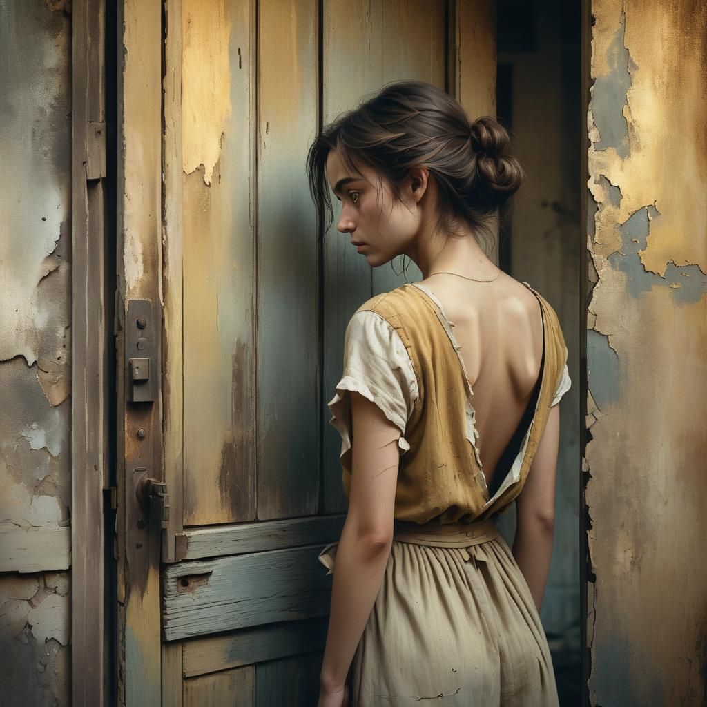 Emotional Portrait of Woman at Doorway in Digital Art