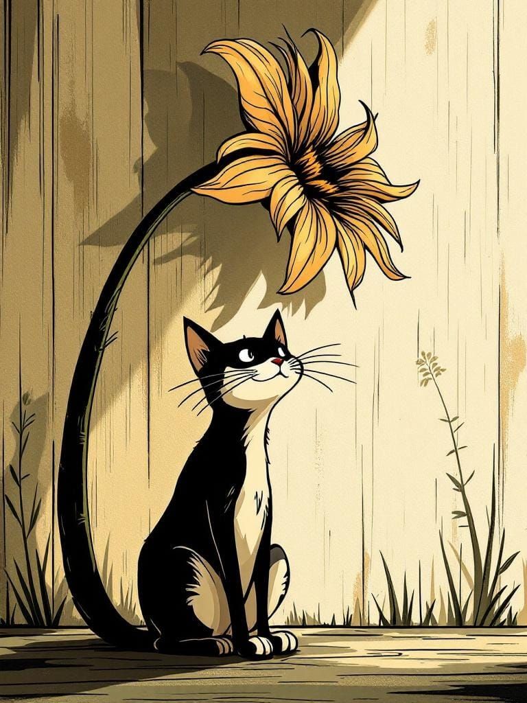 Adorable Cat Under Flower: Animated Polynesian Style