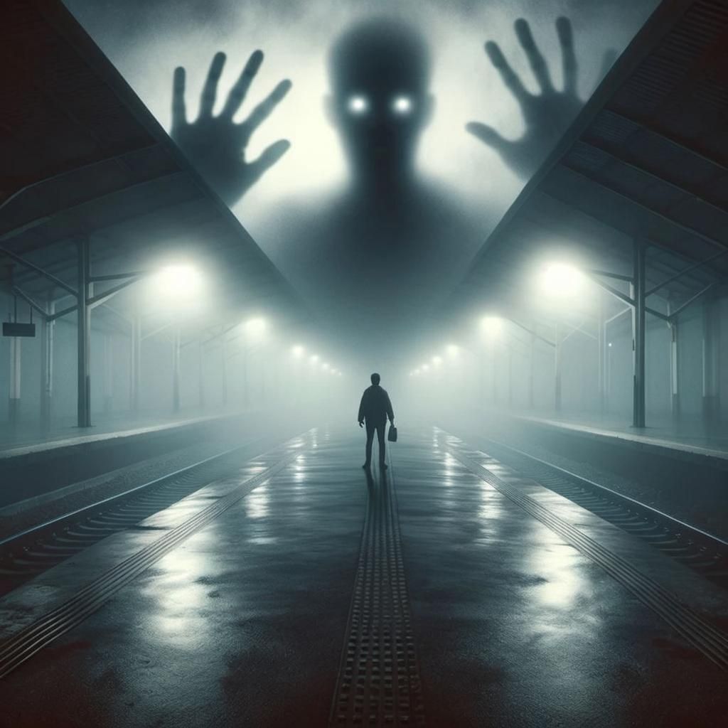 Eerie Foggy Platform with Shadowy Faces