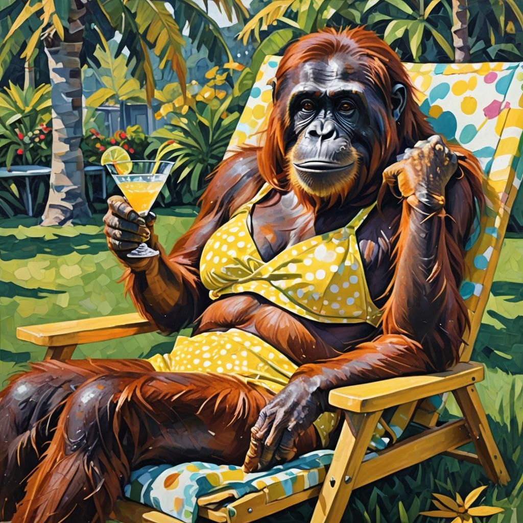 Orangutan Sipping Martini: Neo-Impressionist Oil Painting