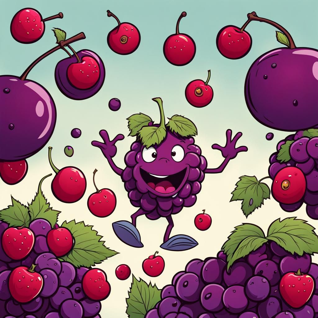 Grape Monster Caricature Chasing Fruit and Star Anise