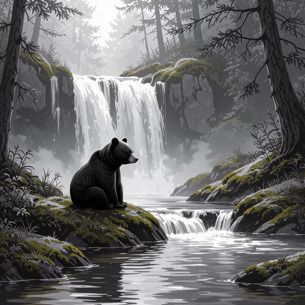 Bear in River by Waterfall: Black and White Tattoo Art