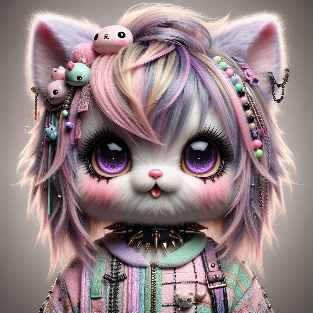 Pastel Goth Sanrio Character Portrait, Mixed Media Collage
