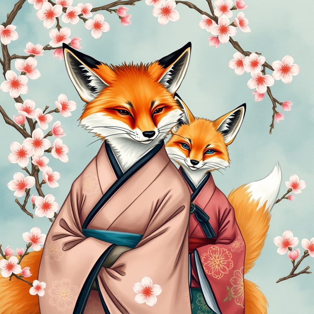 Fox Couple in Hanafuda Card Art Style