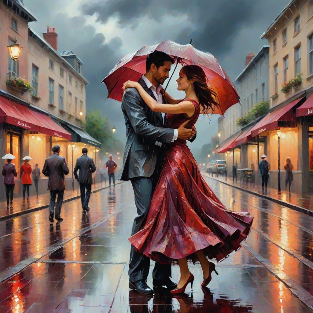 Romantic Waltz in Rainy Street: Impressionistic Style