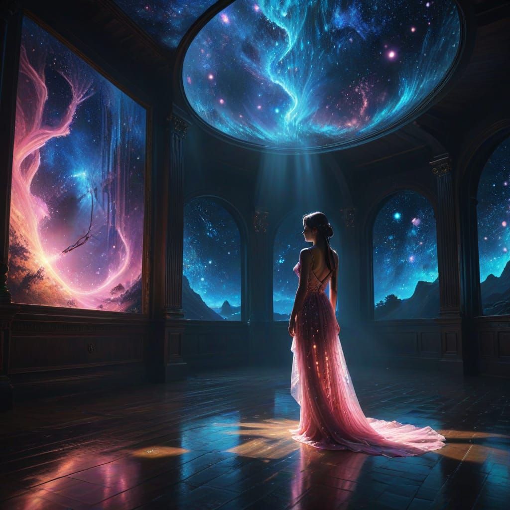 Surreal Ballroom Goddess in Pink Starry Dress Shines with Ne...