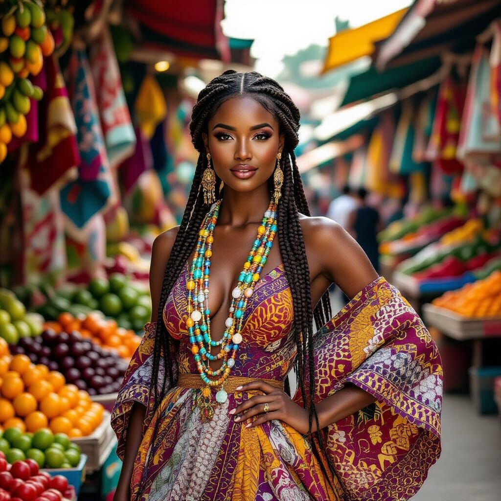 Radiant Woman in Exotic Marketplace, Hyperrealistic Style