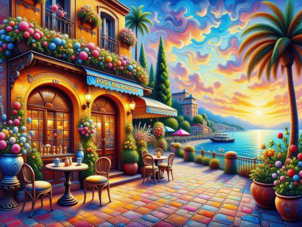 Extravagant Spanish Cafe on Riviera Promenade in Impasto Sty...