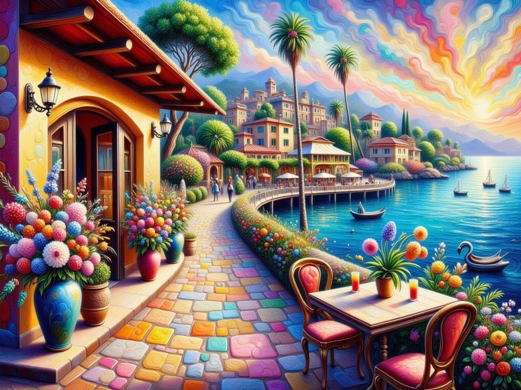 Vibrant Spanish Cafe by Riviera in Multicolored Sky